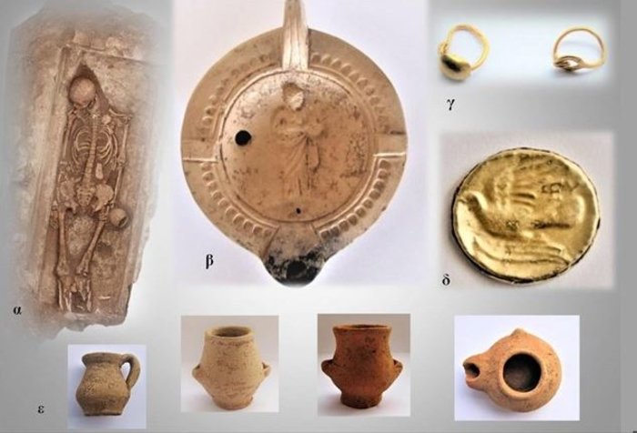 Ευρήματα από ταφές ελληνιστικών και ρωμαϊκών χρόνων.  α.Ταφή ελληνιστικών χρόνων. β.Λύχνος ρωμαϊκών χρόνων με παράσταση Υγείας. γ.Χρυσά ενώτια ρωμαϊκών χρόνων. δ. Χρυσή δανάκη Σικυώνας. ε.Μικκύλα αγγεία ελληνιστικών χρόνων.