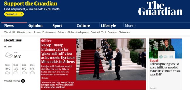 Πρώτο θέμα στον Guardian η επίσκεψη Ερντογάν στην Αθήνα: Από "πυγμάχος μέσα στο ρινγκ" στο "καζάν-καζάν"