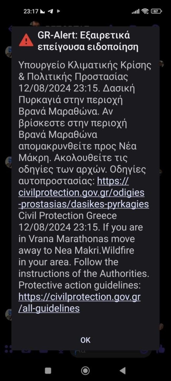 Φωτιά στην Αττική: Νέο μήνυμα του 112 για πυρκαγιά στην περιοχή Βρανά στον Μαραθώνα- "Απομακρυνθείτε προς Νέα Μάκρη"