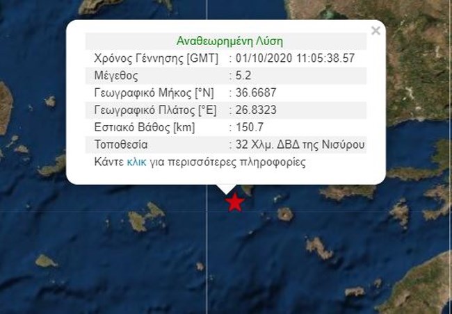 Σεισμός 5,2 Ρίχτερ στα Δωδεκάνησα - Κοντά στη Νίσυρο