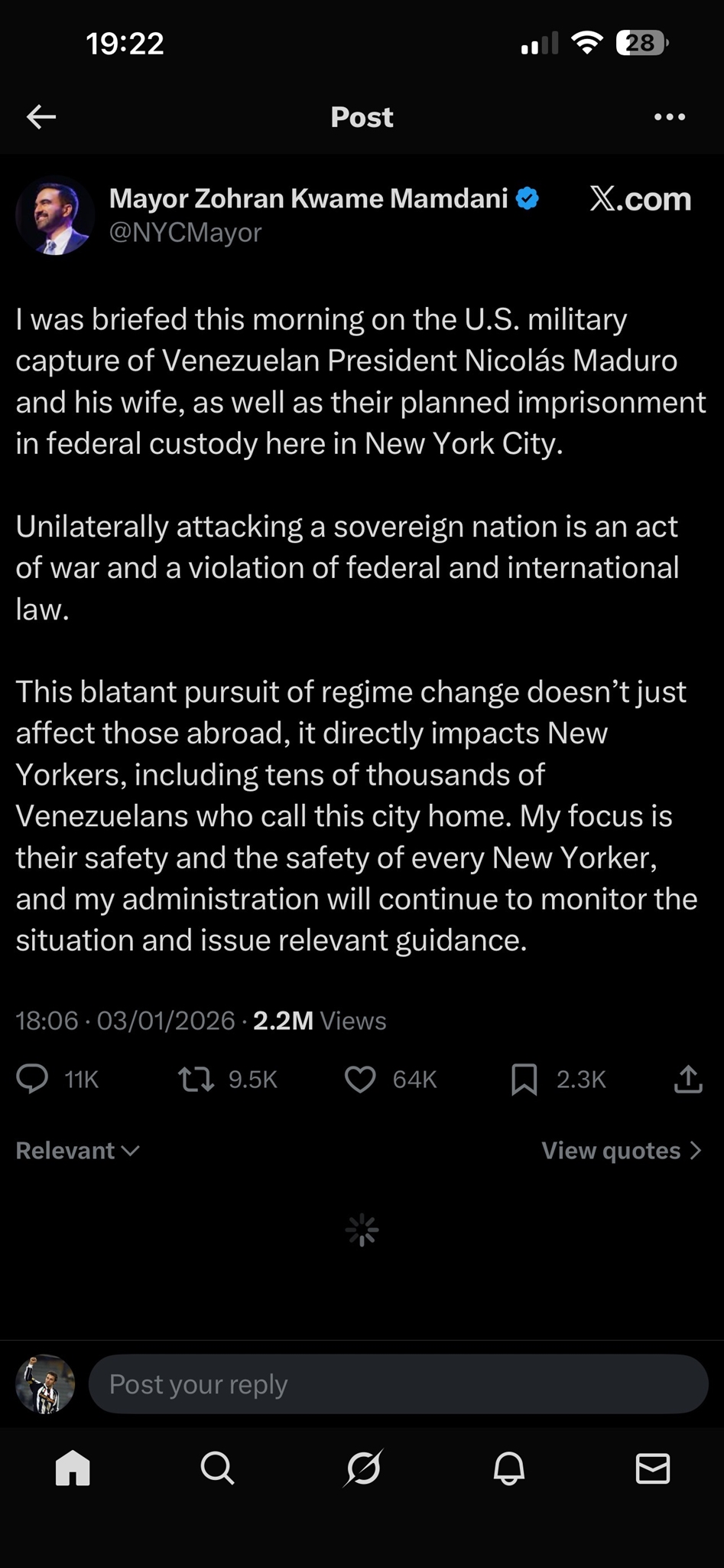 Ο Μαμντάνι καταδικάζει τη στρατιωτική επίθεση των ΗΠΑ στη Βενεζουέλα: "Παραβίαση του διεθνούς δικαίου"