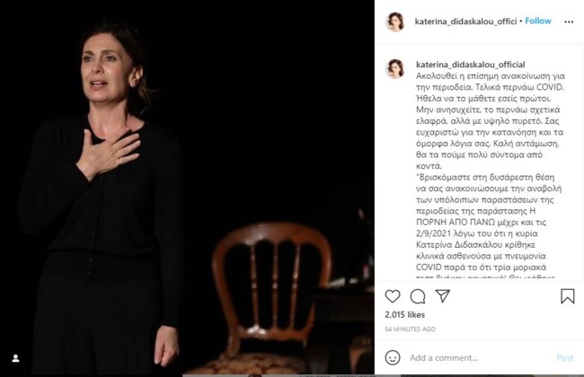 Με κορονοϊό και υψηλό πυρετό η Κατερίνα Διδασκάλου - Τι έγραψε στο Instagram