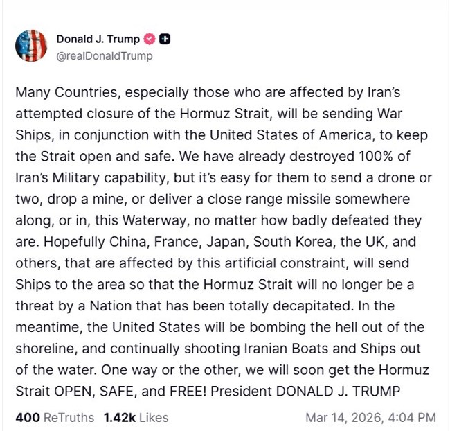 Τραμπ: Πολλές χώρες θα στείλουν πολεμικά πλοία στα Στενά του Ορμούζ - Oι ΗΠA θα βομβαρδίζουν ανελέητα