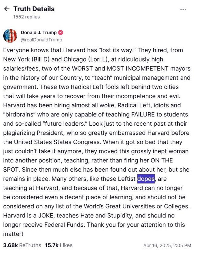 Εξαλλος ο Τραμπ με το Χάρβαρντ: Είστε ανέκδοτο, διδάσκετε το μίσος και την ηλιθιότητα - Άνθρωποι με μυαλό σπουργιτιού