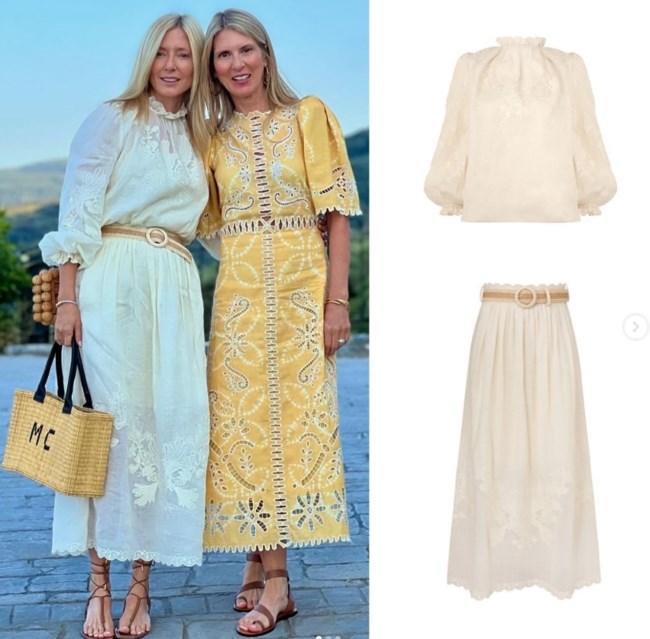 Η Μαρί Σαντάλ σε γάμο στο Πήλιο: Το φλοράλ midi dress, το κεντημένο deux pieces και η ψάθινη τσάντα με τα αρχικά της