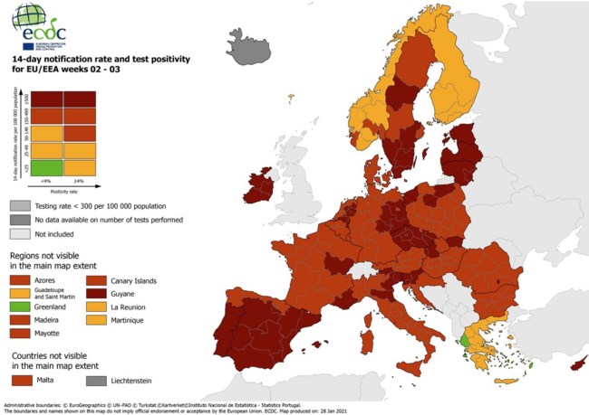 Κορονοϊός-ECDC: Πάλι η Ελλάδα η μοναδική ευρωπαϊκή χώρα με "πράσινες" περιοχές - Κάτω από το 4% ο δείκτης θετικότητας