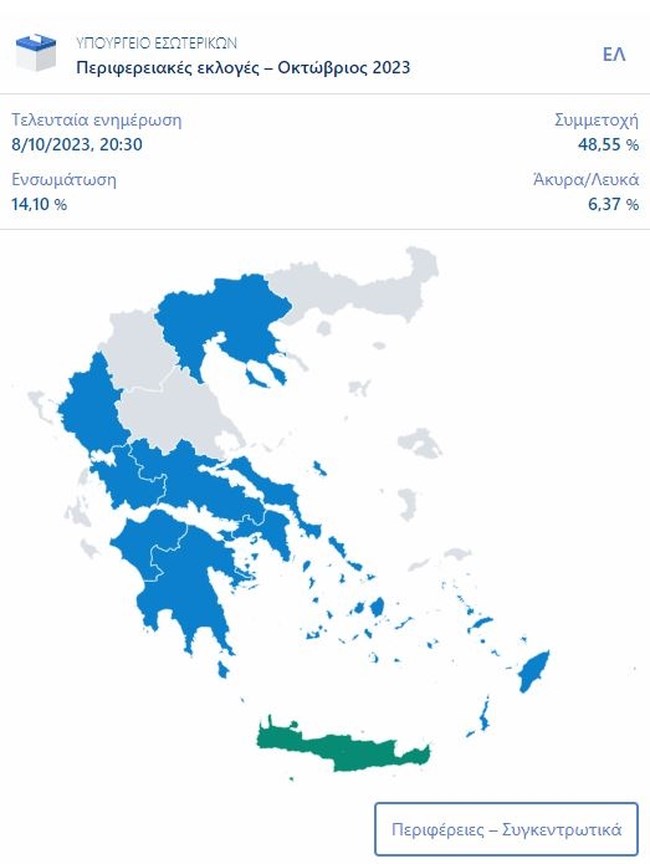 Αυτοδιοικητικές εκλογές 2023: Γαλάζιος ο χάρτης - Η ΝΔ κερδίζει 10 από τις 13 Περιφέρειες - Μάχη με "αντάρτες" σε άλλες 2