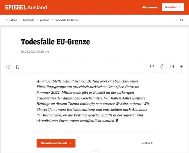 Αναδίπλωση από το γερμανικό Spiegel: Κατέβασε τα άρθρα για την υπόθεση των 38 μεταναστών στον Έβρο λόγω αμφιβολιών