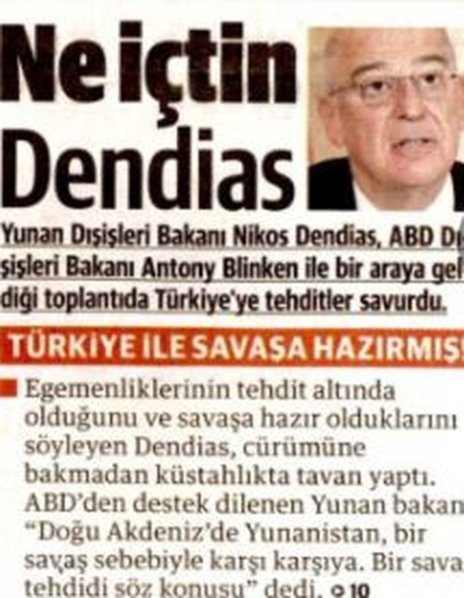 Πρόκληση της Yeni Safak με εμπρηστικό πρωτοσέλιδο: "Τι πίνεις Δένδια;" [εικόνες]