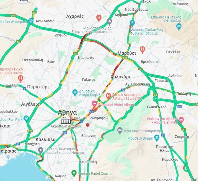 Live η κίνηση στους δρόμους: Στο "κόκκινο" η Κηφισίας - Χαμηλές ταχύτητες στον Κηφισό και το κέντρο της Αθήνας