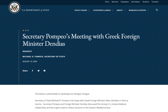 Συνάντηση Δένδια-Πομπέο: Ελπίζω ότι δεν θα υπάρξει σύγκρουση, δήλωσε ο Έλληνας ΥΠΕΞ - Τι ζήτησε ο Μάικ Πομπέο
