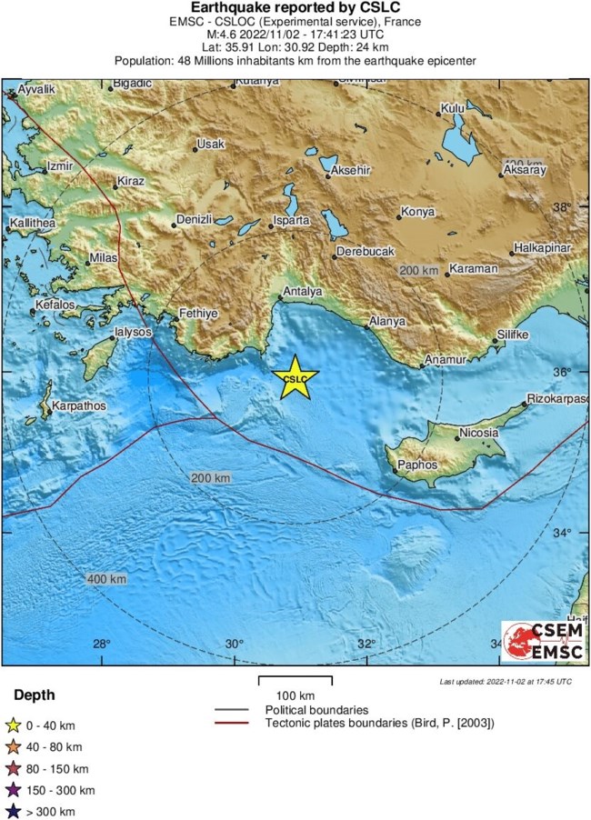 Δυνατός σεισμός 4,8 Ρίχτερ στην Αττάλεια, ανοιχτά του Καστελλόριζου