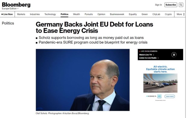 Bloomberg: Ο Σολτς ενδεχομένως να στηρίξει το ευρωομόλογο για την αντιμετώπιση της ενεργειακής κρίσης