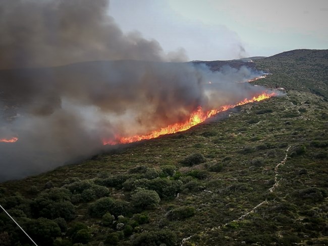 Σε ύφεση η φωτιά στην Άνδρο - Επιχειρούν ισχυρές δυνάμεις της Πυροσβεστικής και της 1ης ΕΜΑΚ