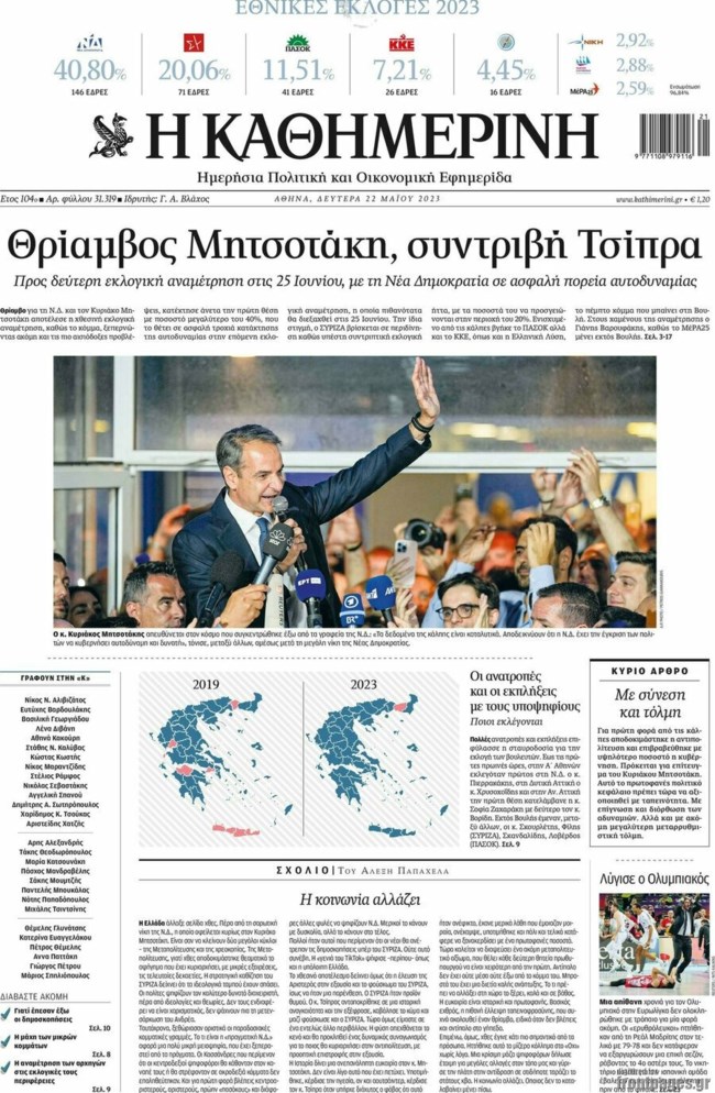 Τα πρωτοσέλιδα των εφημερίδων μία μέρα μετά τις εκλογές - "Θρίαμβος, κυριαρχία, το σήκωσε ο Μητσοτάκης"