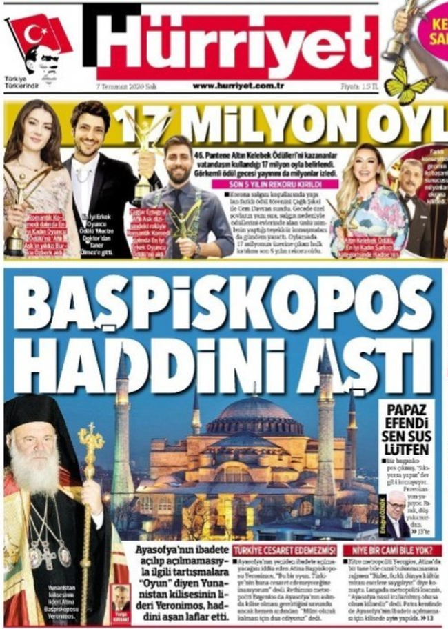 Επίθεση της τουρκικής Χουριέτ στον Αρχιεπίσκοπο Ιερώνυμο: Ξεπέρασε τα όρια για την Αγία Σοφία