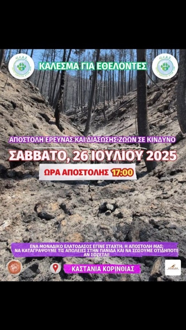 ΚΑΣΤΑΝΙΑ, ΦΕΝΕΟΣ, ΟΡΕΙΝΗ ΚΟΡΙΝΘΙΑ: Κάλεσμα  Εθελοντών σε αποστολή αναζήτησης και  διάσωσης ζώων και καταγραφής απωλειών