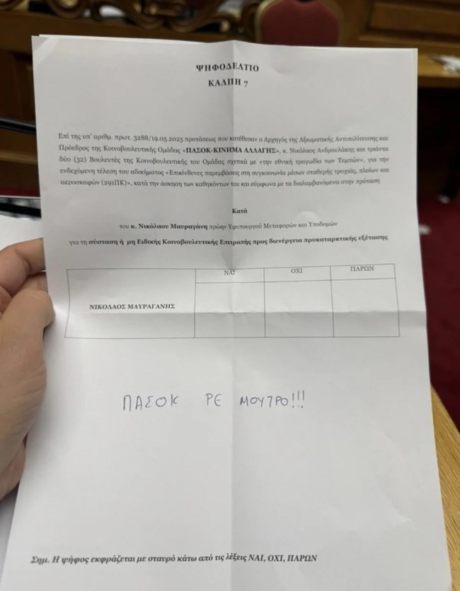 "ΠΑΣΟΚ ρε μούτρο": Το άκυρο ψηφοδέλτιο που έγινε viral στη μυστική ψηφοφορία της Βουλής