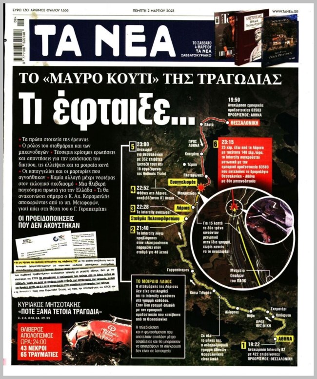 Τα πρωτοσέλιδα των εφημερίδων για την εθνική τραγωδία στα Τέμπη: Θρήνος, ερωτηματικά και οργή
