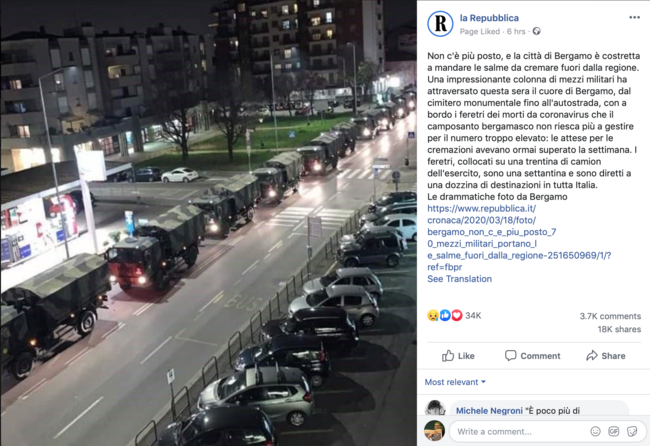 Φωτογραφία σοκ από το Μπέργκαμο: Στρατιωτικό κονβόι μεταφέρει σορούς θυμάτων