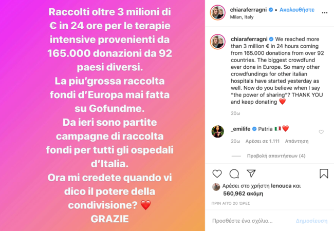 Η fashion μπλόγκερ Κιάρα Φεράνι μάζεψε πάνω από 3.300.000 ευρώ σε μια μέρα για τον κορονοϊό