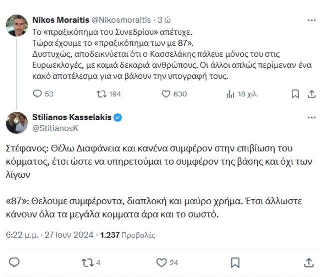 ΣΥΡΙΖΑ: Ο αδερφός του Κασσελάκη διέγραψε την ανάρτηση για τους "87" που "θέλουν διαπλοκή και μαύρο χρήμα"