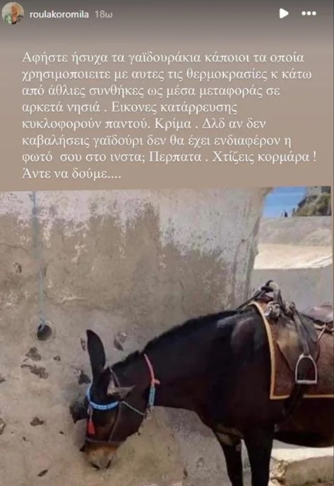 Οργισμένη ανάρτηση της Ρούλας Κορομηλά για όσους καβαλάνε τα γαϊδουράκια στα νησιά -"Αφήστε τα ήσυχα"
