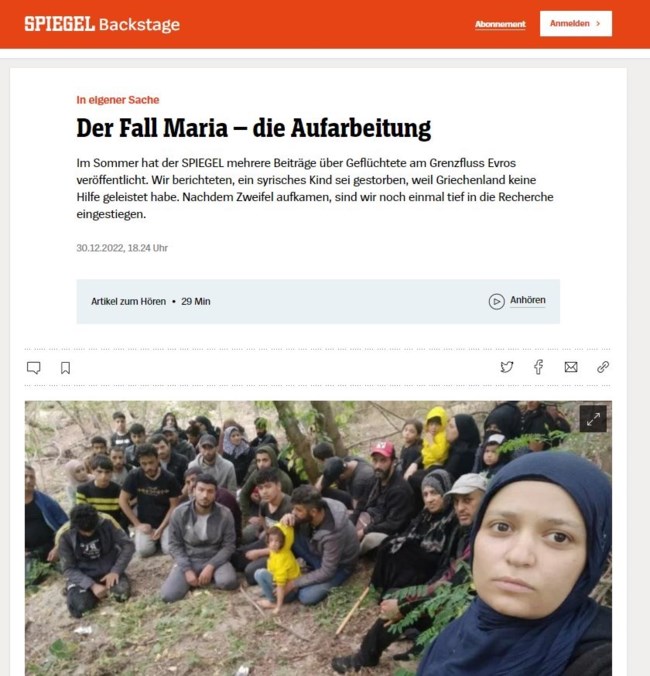 Οριστική αναδίπλωση του Spiegel για τη "νεκρή Μαρία" στον Έβρο: Αποσύρει τα δημοσιεύματα, "ίσως το επινόησαν οι πρόσφυγες"