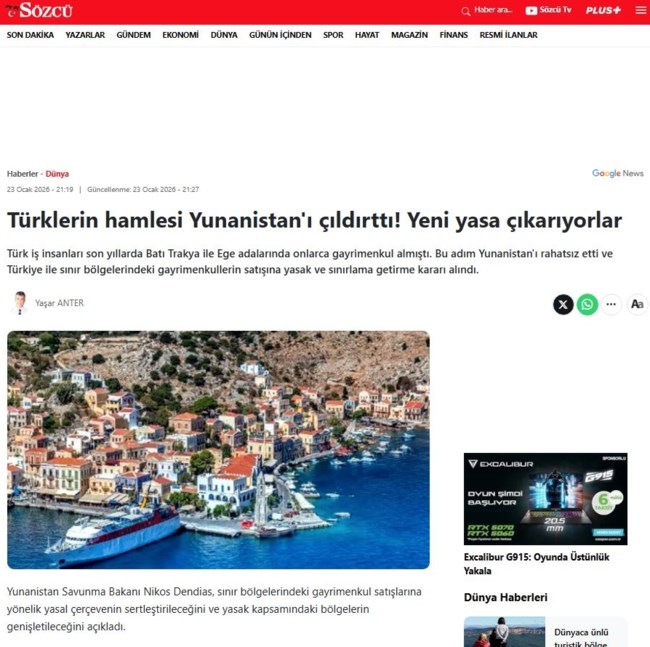 Νεο προκλητικό δημοσίευμα: "Η κίνηση των Τούρκων που τρέλανε την Ελλάδα" - Αγοραπωλησίες ακινήτων στην παραμεθόριο