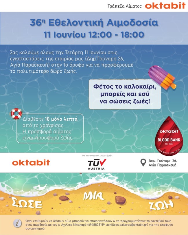 36η Εθελοντική Αιμοδοσία της Τράπεζας Αίματος Oktabit
