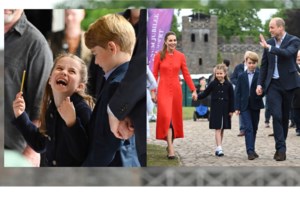 Το british flag royal dress code: Το total white τουίντ της Κέιτ και το κόκκινο σύνολο της Σάρλοτ