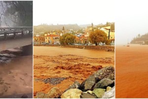 Κακοκαιρία Elias: Η θάλασσα βάφτηκε κόκκινη στη Λίμνη Ευβοίας από τη λάσπη [εικόνες]