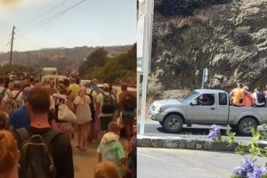 Φωτιά στη Ρόδο - Συγκλονιστικό βίντεο: Εκατοντάδες άνθρωποι εκκενώνουν το Κιοτάρι με τα πόδια