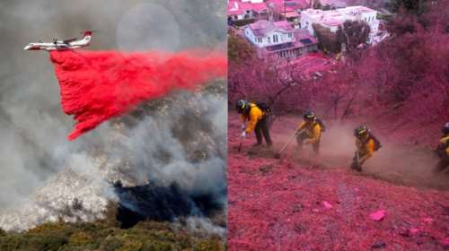 Φωτιές στο Λος Άντζελες: Τι είναι το Phos-Chek, η κόκκινη και ροζ σκόνη που ρίχνουν τα αεροπλάνα και &quot;πνίγει&quot; τα πάντα