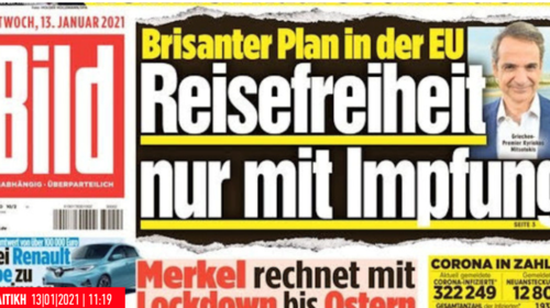 Πρωτοσέλιδο στη Bild η πρόταση Μητσοτάκη για ευρωπαϊκό πιστοποιητικό εμβολιασμού: &quot;Ελευθερία στα ταξίδια μόνο με το εμβόλιο&quot;