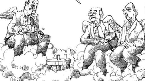 Γιατί ο Κωνσταντίνος Μητσοτάκης κερνάει ρακές στον ουρανό τον Ανδρέα και τον Καραμανλή - Το αιχμηρό σκίτσο του Πετρουλάκη