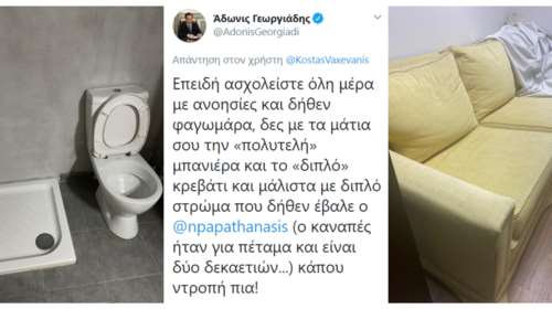 Ο Άδωνις ανέβασε φωτογραφία με την καινούρια τουαλέτα και τον καναπέ του Παπαθανάση στο Twitter