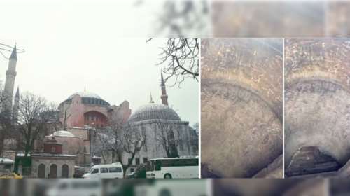 Εικόνες ντροπής στην Αγία Σοφία: Χαράζουν ονόματα και καρδιές σε στήλη στήριξης της εκκλησίας [Βίντεο]