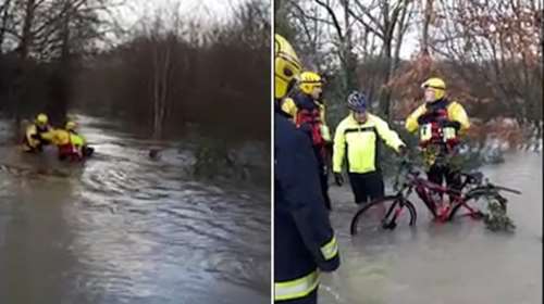 H δραματική διάσωση ποδηλάτη μέσα από έναν πλημμυρισμένο ποταμό