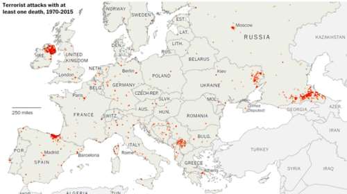 Ο χάρτης των τρομοκρατικών χτυπημάτων στην Ευρώπη τα τελευταία 45 χρόνια