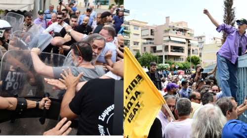 Ανέβηκαν στα κάγκελα του υπ. Μεταφορών οι εξαγριωμένοι ταξιτζήδες - Ένταση, γκλοπ και... κόντρα με τα ΜΑΤ