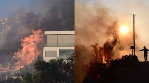 Φωτιά στη Σαρωνίδα: Εικόνες σοκ, με τις φλόγες να καταπίνουν σπίτια στο Πανόραμα και το Λαγονήσι