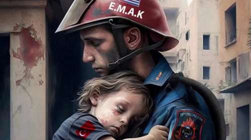 Viral: Η ιστορία πίσω από το σκίτσο με τον άνδρα της ΕΜΑΚ και το κοριτσάκι στα ερείπια της Τουρκίας- Ποιος το έφτιαξε