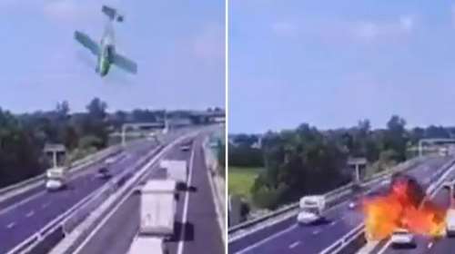 Σοκ στην Ιταλία: Απίστευτο βίντεο από τη στιγμή που αεροσκάφος συντρίβεται σε αυτοκινητόδρομο - Δύο νεκροί