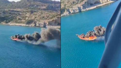 Ρόδος: Βίντεο ντοκουμέντο από ελικόπτερο με το τουριστικό πλοιάριο να έχει τυλιχθεί στις φλόγες