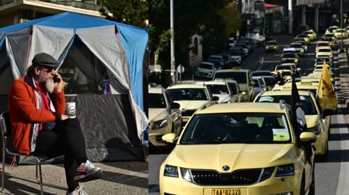 Ταξί: Στο υπουργείο Μεταφορών οι αυτοκινητιστές - Καπνογόνα και αντίσκηνα [βίντεο]