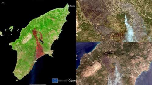 Δορυφορικές εικόνες από τις φωτιές στη Ρόδο αποκαλύπτουν το μέγεθος της περιβαλλοντικής καταστροφής