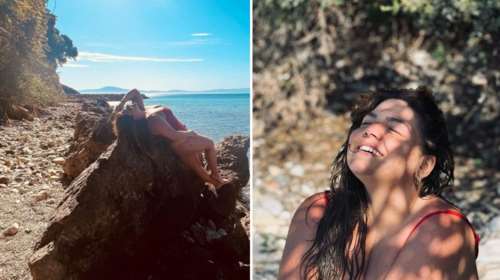 Δανάη Μπάρκα: Ακομπλεξάριστες σέξι πόζες με κόκκινο ολόσωμο μαγιό στα βράχια της Μεσσηνίας [Εικόνες]
