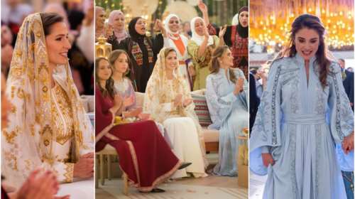 Γαλάζια οπτασία η βασίλισσα Ράνια: Το λευκό φόρεμα με τα χρυσά κεντήματα της καλλονής νύφης της και η υπεράνω όλων πεθερά