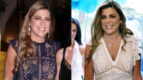 Αθανασία Μαρινάκη: Κομψή νονά με &quot;δίδυμα&quot; δαντελένια φορέματα σε λευκό και μπλε